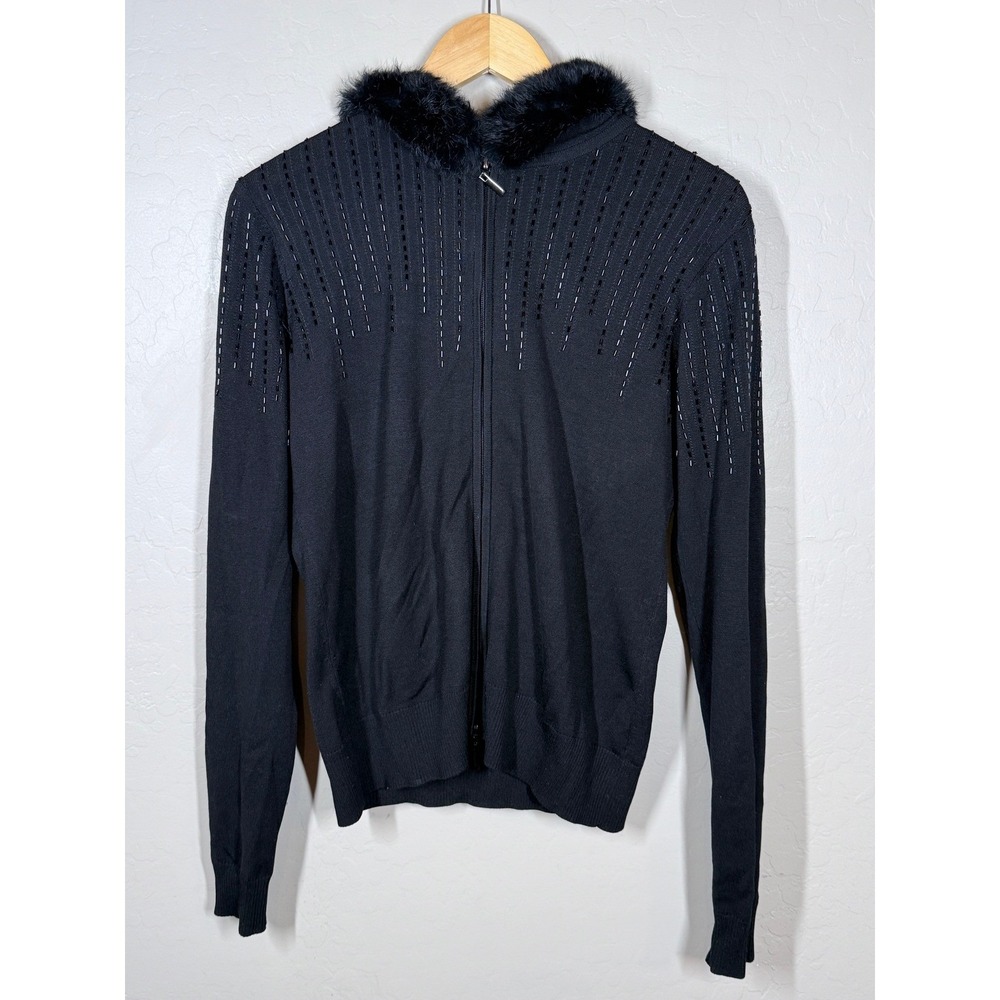 Cache Y2K Cardigan Sweater Zip Up Beaded Fur Trim Hooded Silk Blend Black ‎ M - Picture 13 of 13